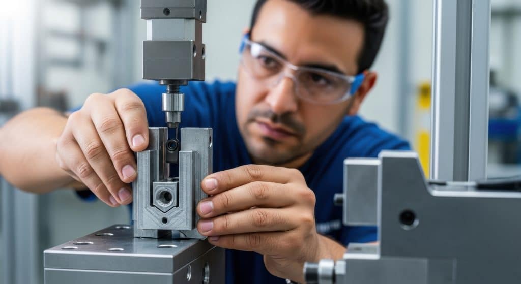 Focused skilled engineer adjusting high precision cnc machine part in modern industrial workshop, demonstrating meticulous attention to detail and advanced manufacturing technology