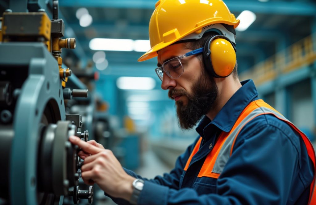 Pro engineer in safety uniform checks machinery equipment in industrial factory. Focused on maintenance task. Engineer wearing hard hat, ear protection. Modern industrial environment. Manufacturing
